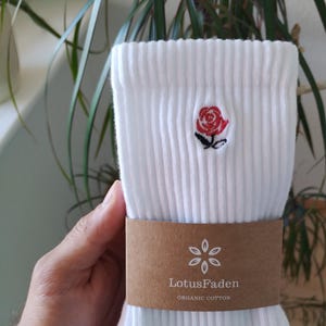 Socks embroidered with a rose | Tennis socks | Organic cotton | Sizes 37-44 | Made in EU | White