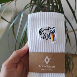 Socks embroidered with a cat | Tennis socks | Organic cotton | Sizes 37-44 | Made in EU | White