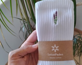 Socks embroidered with lavender | Tennis socks | Organic cotton | Sizes 37-44 | Made in EU | White