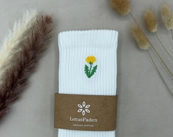 Socks embroidered with a dandelion | Tennis socks | Organic cotton | Sizes 37-43 | Made in EU | White