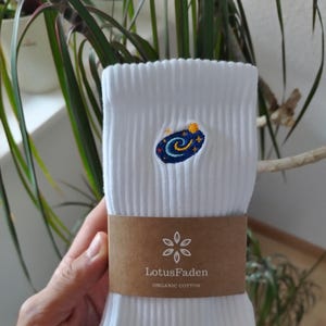 Socks embroidered with a universe | Tennis socks | Organic cotton | Sizes 37-44 | Made in EU | White