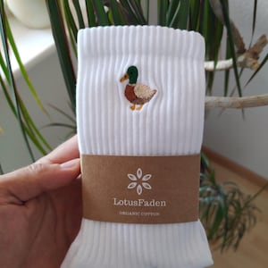 Socks embroidered with a duck | Tennis socks | Organic cotton | Sizes 37-44 | Made in EU | White