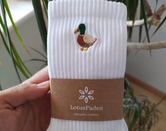 Calcetines bordados con un pato | Calcetines de tenis | Algodón orgánico | Tallas 37-44 | Hecho en la UE | Blanco