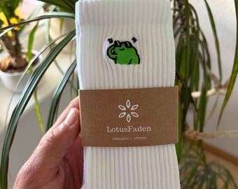 Socks embroidered with a frog | Tennis socks | Organic cotton | Sizes 37-43 | Made in EU | White