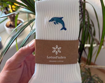 Socks embroidered with a dolphin | Tennis socks | Organic cotton | Sizes 37-43 | Made in EU | White