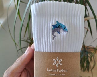 Socks embroidered with a shark | Tennis socks | Organic cotton | Sizes 37-44 | Made in EU