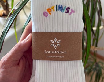 Socks embroidered with OPTIMIST | Tennis socks | Organic cotton | Sizes 37-43 | Made in EU | White