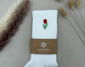 Socks embroidered with a tulip | Tennis socks | Organic cotton | Sizes 37-43 | Made in EU | White