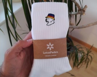 Socks embroidered with a bear | Tennis socks | Organic cotton | Sizes 37-44 | Made in EU | White