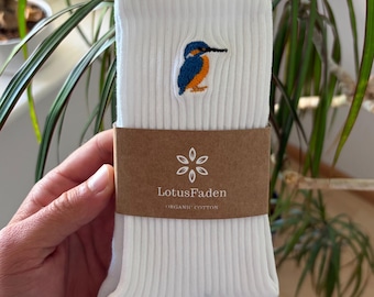 Socks embroidered with a kingfisher | Tennis socks | Organic cotton | Sizes 37-43 | Made in EU | White