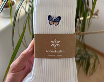 Socks embroidered with a butterfly | Tennis socks | Organic cotton | Sizes 37-43 | Made in EU | White