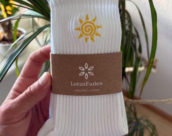 Socks embroidered with a sun | Tennis socks | Organic cotton | Sizes 37-43 | Made in EU | White