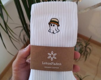 Socks embroidered with a Halloween ghost | Tennis socks | Organic cotton | Sizes 37-44 | Made in EU | White