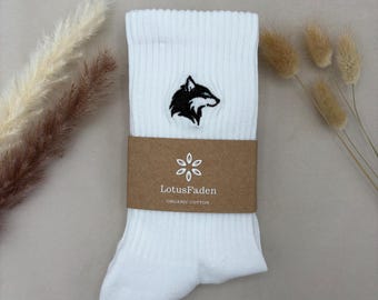 Socks embroidered with a wolf | Tennis socks | Organic cotton | Sizes 37-43 | Made in EU | White
