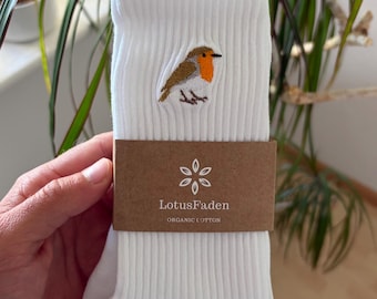 Socks embroidered with a robin | Tennis socks | Organic cotton | Sizes 37-43 | Made in EU | White