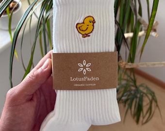Socks embroidered with a chick | Tennis socks | Organic cotton | Sizes 37-43 | Made in EU | White
