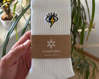 Socks embroidered with an eye | Tennis socks | Organic cotton | Sizes 37-43 | Made in EU | White