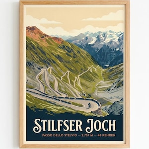 Stilfser Joch Passo dello Stelvio Cycling Print, Retro Road Bike Wall Art