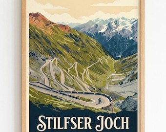Stilfser Joch Passo dello Stelvio Cycling Print, Retro Road Bike Wall Art