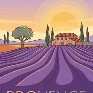 May include: A digital illustration of a lavender field in Provence with rows of purple flowers leading to a stone house. Tall cypress trees stand near the building under a sunset sky with a large yellow sun and soft orange and purple hues.