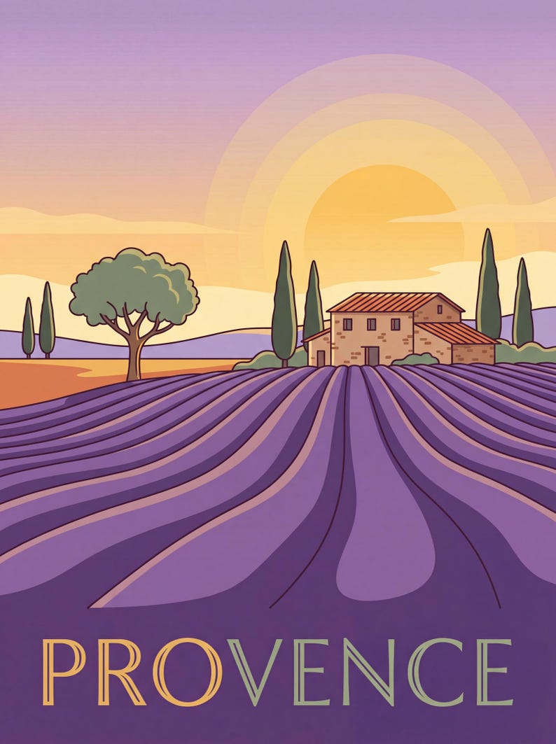 May include: A digital illustration of a lavender field in Provence with rows of purple flowers leading to a stone house. Tall cypress trees stand near the building under a sunset sky with a large yellow sun and soft orange and purple hues.