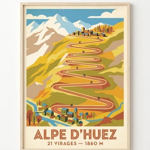 Alpe d'Huez Cycling Print, 21 Hairpin Turns, Retro Travel Poster, French Alps Wall Art