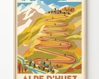 Alpe d'Huez Cycling Print, 21 Hairpin Turns, Retro Travel Poster, French Alps Wall Art
