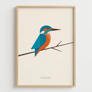 Minimalist Kingfisher Print, Scandinavian Bird Art, Teal Orange Wall Decor