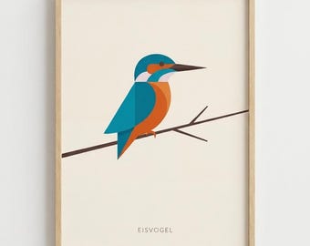 Minimalist Kingfisher Print, Scandinavian Bird Art, Teal Orange Wall Decor