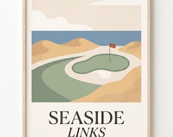 Golf Poster Küstenlinks, Mid Century Golfplatz Kunstdruck, Coastal Golf Wall Art, Golfgeschenk, Vintage Wandbild (200g)