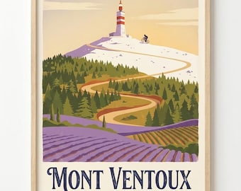 Mont Ventoux Cycling Poster, Provence Retro Travel Art, Road Bike Wall Print