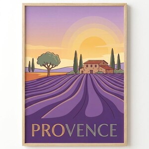 May include: A framed art print featuring a stylized landscape of a lavender field in the foreground, a stone house with a red roof, tall cypress trees, and a large yellow sun setting in a purple sky, with the word PROVENCE printed at the bottom.