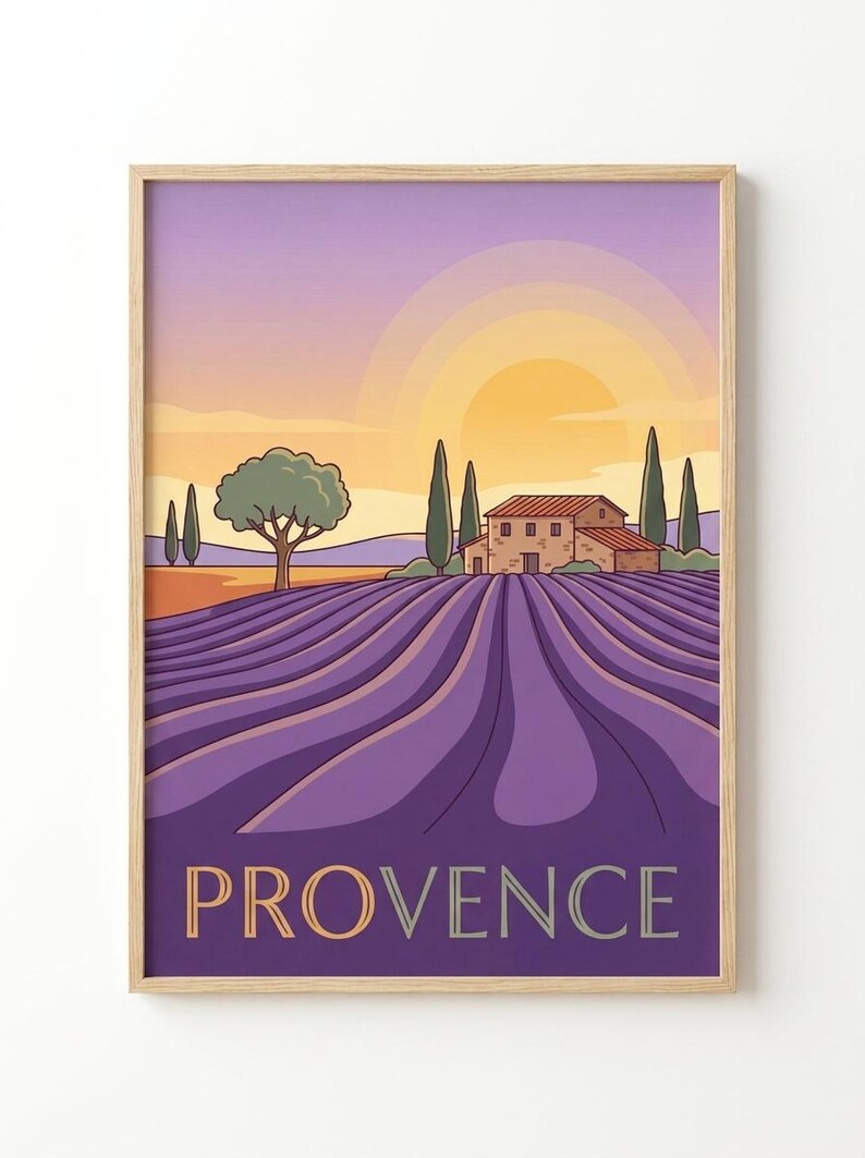 May include: A framed art print featuring a stylized landscape of a lavender field in the foreground, a stone house with a red roof, tall cypress trees, and a large yellow sun setting in a purple sky, with the word PROVENCE printed at the bottom.
