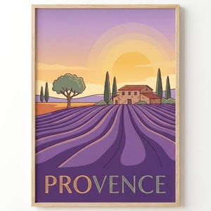 May include: A framed art print featuring a stylized landscape of a lavender field in the foreground, a stone house with a red roof, tall cypress trees, and a large yellow sun setting in a purple sky, with the word PROVENCE printed at the bottom.