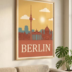 Berlin Retro Travel Poster, Vintage Skyline City Print, Wanderlust Wall Art