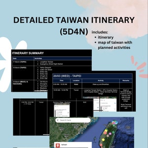 May include: A detailed itinerary for a 5-day, 4-night trip to Taiwan. The itinerary includes a map of Taiwan with planned activities, a list of activities for each day, and a table with times and locations for each activity. The itinerary includes visits to Longshan Temple, Yehliu Geopark, Jiufen Old Street, Shifen Waterfall, and more.
