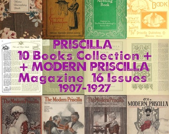 Modernes Priscilla-Magazin, Vintage-Priscilla-Büchersammlung, Kochbuch, Häkeln, Heimtextilien, Handarbeiten, Haushaltsführung