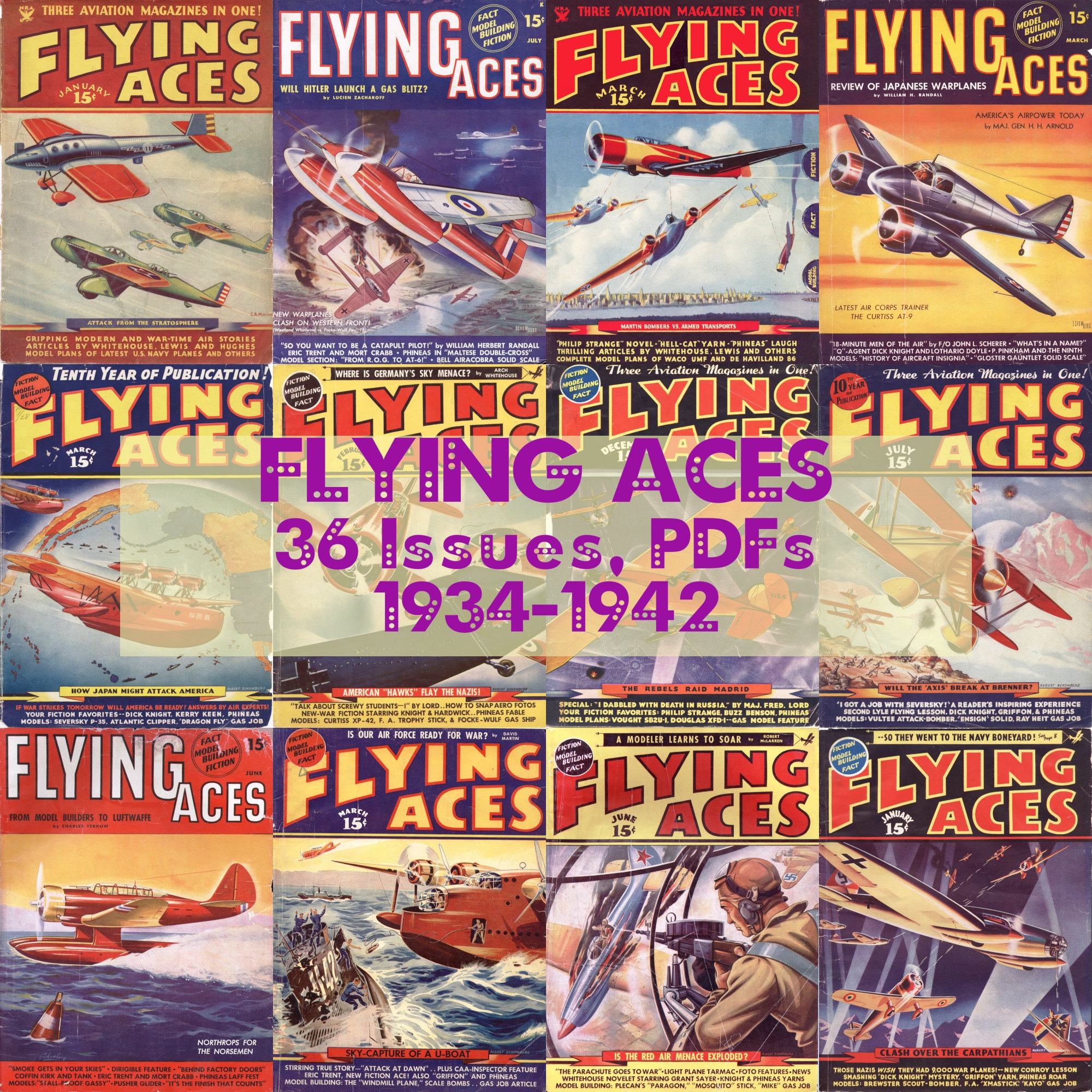 Aviation Adventures Vintage Pulp Magazine Flying Aces, 36 Issues Digital Collection 1934-1942