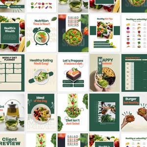 Könnte beinhalten: Eine Sammlung von zwanzig digitalen Social-Media-Vorlagen zum Thema gesunde Ernährung, darunter wöchentliche Ernährungspläne, Ernährungstipps, Salatillustrationen und Mahlzeitenfotografien mit Textüberlagerungen in Grün, Weiß und Orange.