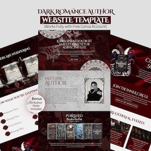 May include: A dark romance author website template featuring deep red and black colour schemes with ornate lace patterns. The layout includes sections for book displays, author biography, newsletter sign-ups, and event details with elegant serif typography.