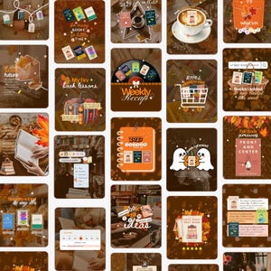 May include: A digital collage featuring multiple panels with autumn-themed book graphics, coffee cups, ghosts, pumpkins, and text overlays like 'Weekly Recap', '2027 Vision Board', and 'Fall Book giveaway' set against a warm brown background.