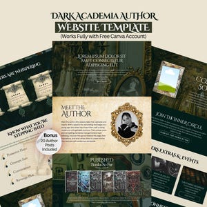 Könnte beinhalten: Eine digitale Website-Vorlage im Dark-Academia-Stil mit cremefarbenen und dunkelgrünen Farbschemata. Das Layout enthält Abschnitte mit den Titeln Dark Academia Author Website Template, What Readers Are Whispering, Meet The Author und Published Books So Far, ergänzt durch verzierte goldene Rahmen, Schriftrollengrafiken und Platzhaltertext.