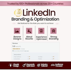以下が含まれることがあります： LinkedInブランディングおよび最適化サービスのプロモーション画像。Trusted by 100+ Professionals across 20+ Countriesというテキストと、バナーデザイン、アバウト書き換え、経験最適化、強力なブランディングを表す4つのアイコンが含まれています。