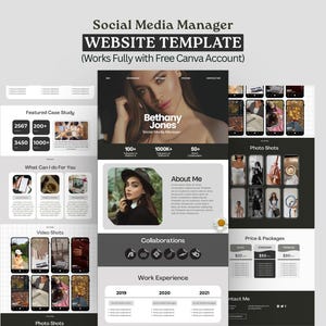 May include: A digital website template for a social media manager featuring a black and white layout with sections for case studies, about me, collaborations, work experience, photo shots, video shots, and pricing packages with text.