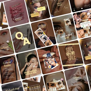 May include: A collection of social media templates for lash services featuring various aesthetic layouts, text overlays like 'Coming Soon', 'Q&A', 'Sale 50% Off', and 'Lashcare Routine', with imagery of eyes, eyelashes, butterflies, and flowers.
