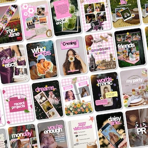 Könnte beinhalten: Eine Sammlung digitaler Social-Media-Vorlagen mit verschiedenen Collage-Layouts, rosa-weiß karierten Mustern, floralen Akzenten und Texteinblendungen, darunter Wörter wie routine, aesthetics, friends, dreams und visionboard.