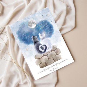 Postkarte, Grußkarte mit romantischem Katzenmotiv - "Liebe unter dem Mond", Cat, Katzenliebhaber, Sternenhimmel, Geschenkkarte,Aquarell,Gift