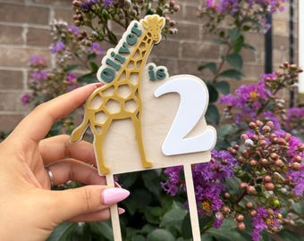 Personalized Giraffe Cake Topper| Custom Name Age| Kids Birthday Party Decoration| Safari Jungle Theme| Birchwood & Acrylic
