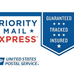 May include: A blue and white Priority Mail Express label with the text "PRIORITY MAIL EXPRESS" in red and white. The label also includes the text "GUARANTEED TRACKED INSURED" with three stars under each word. The label is from the United States Postal Service.