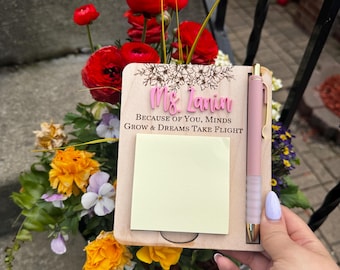 Floral Name Engraved Sticky Note Holder | Custom Sticky Note | Teacher Apprectiation Gift | Colleague Gift | Wood Engraved